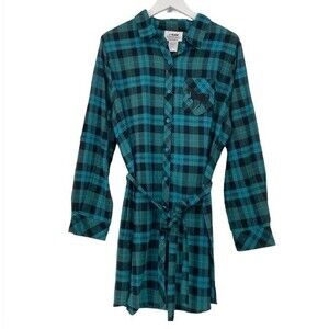 Back In The Saddle Flannel Shirt Dress Tunic Western Turquoise Cotton Large NEW